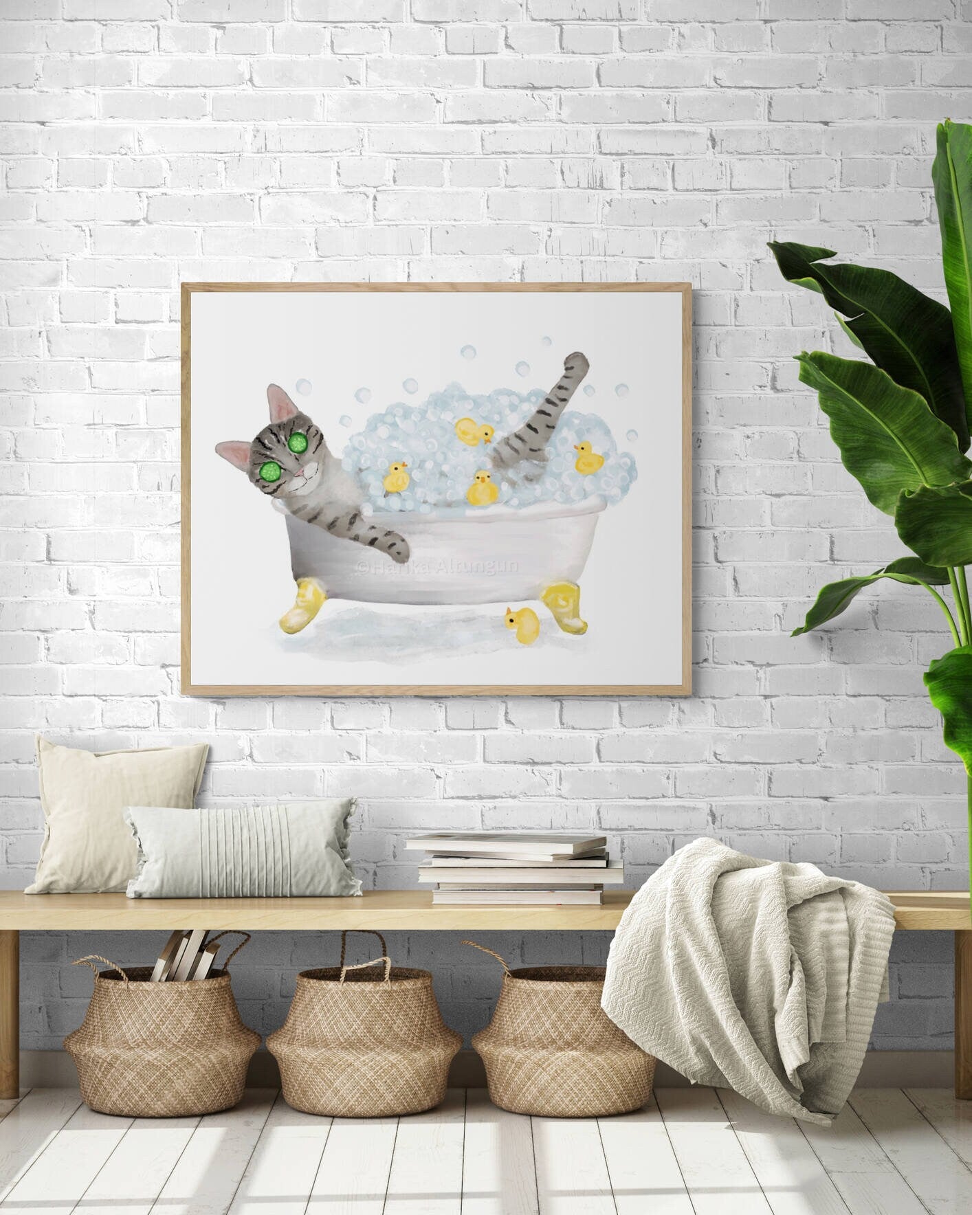 Gray Tabby Cat Bathing Print, Funny Bubble Bath Time, Bathroom Cat Painting, Cat Relaxing In Bath Print, Cat Lover Gift, Ct Mom Dad Gift - MerikaArt