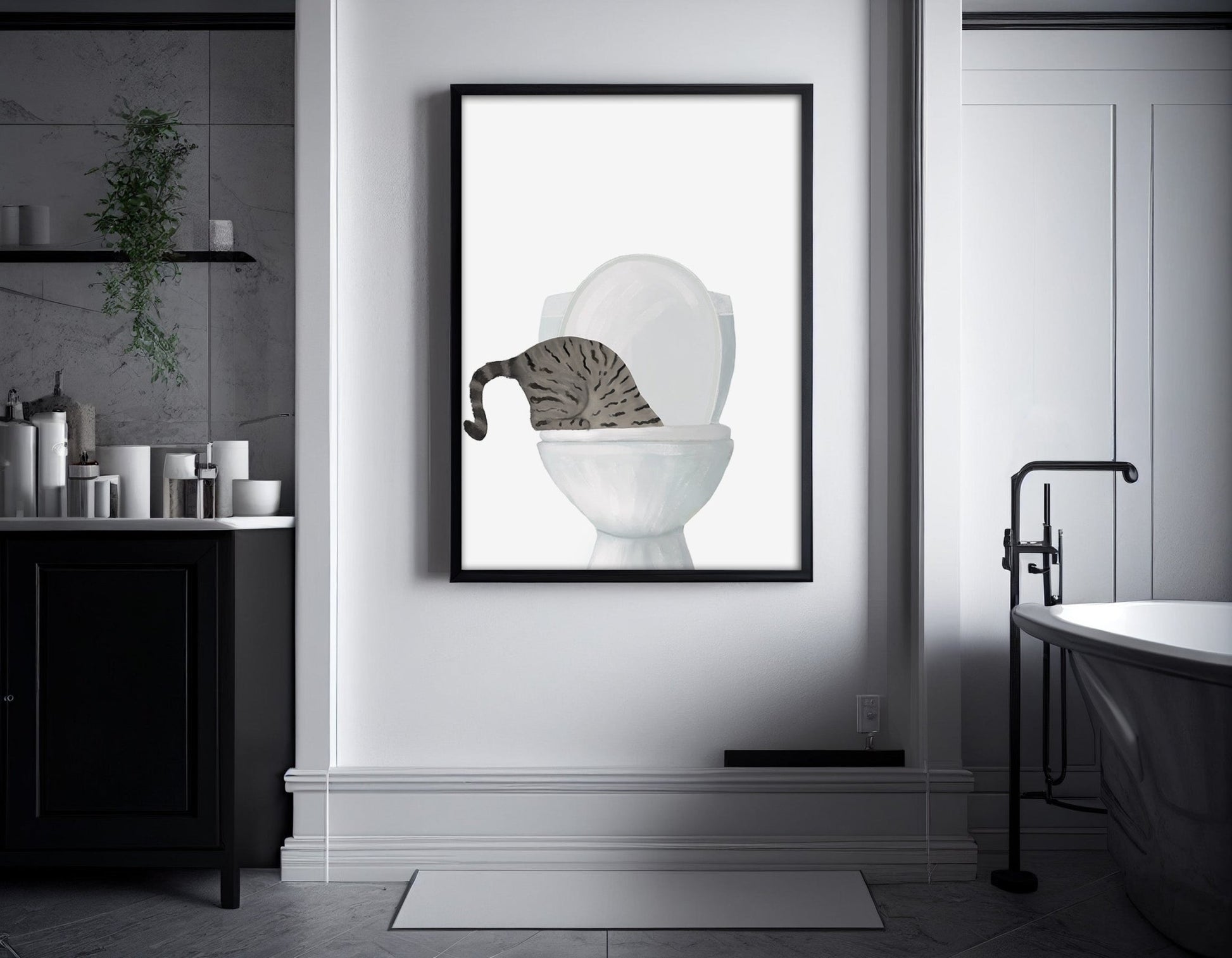 Gray Tabby Cat Drinking from Toilet Art Print - MerikaArt