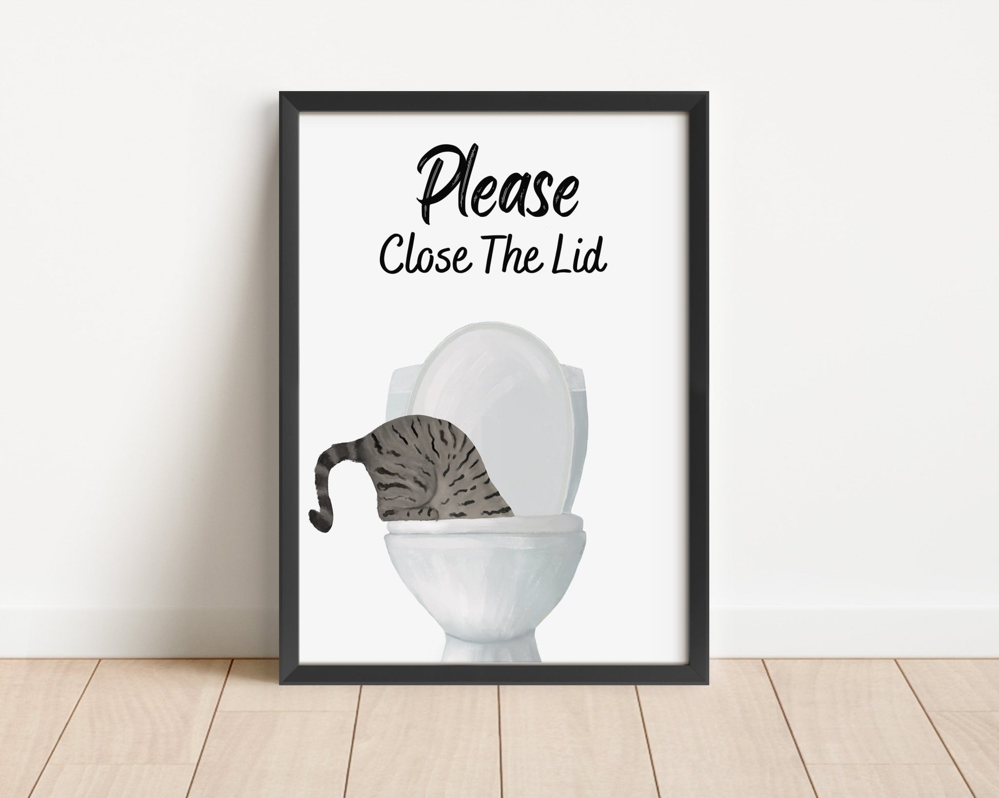 Gray Tabby Cat Drinking from Toilet Art Print - MerikaArt