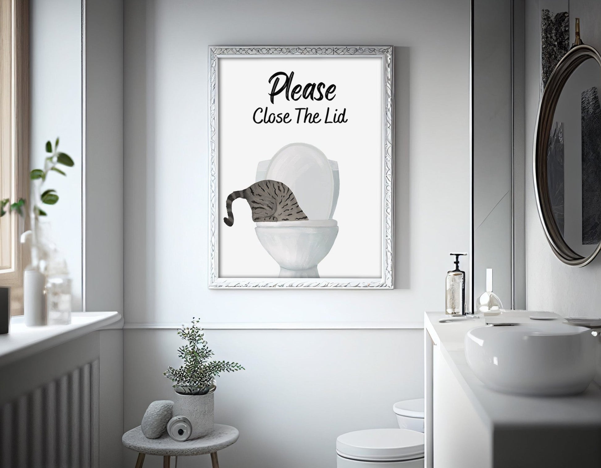 Gray Tabby Cat Drinking from Toilet Art Print - MerikaArt