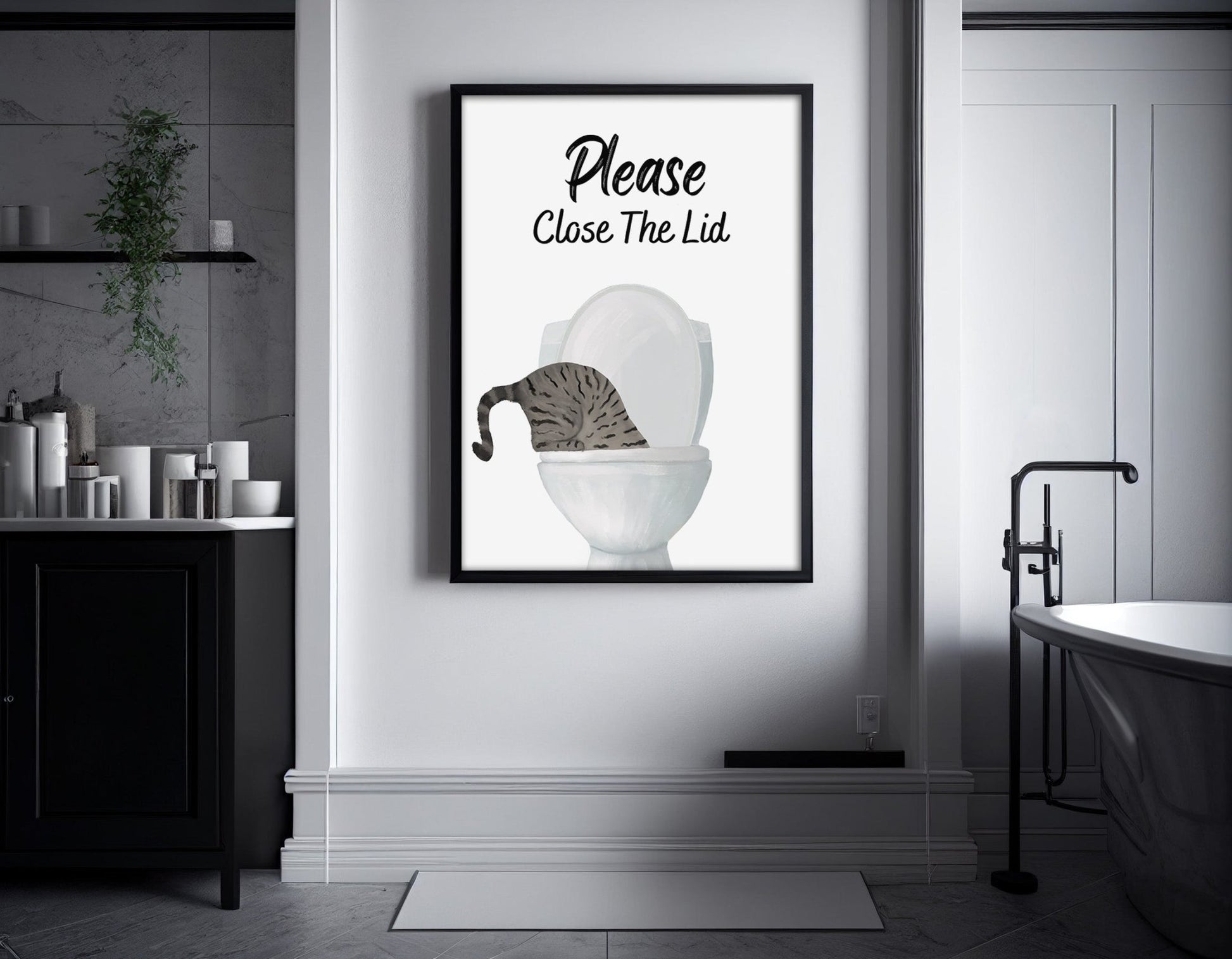 Gray Tabby Cat Drinking from Toilet Art Print - MerikaArt