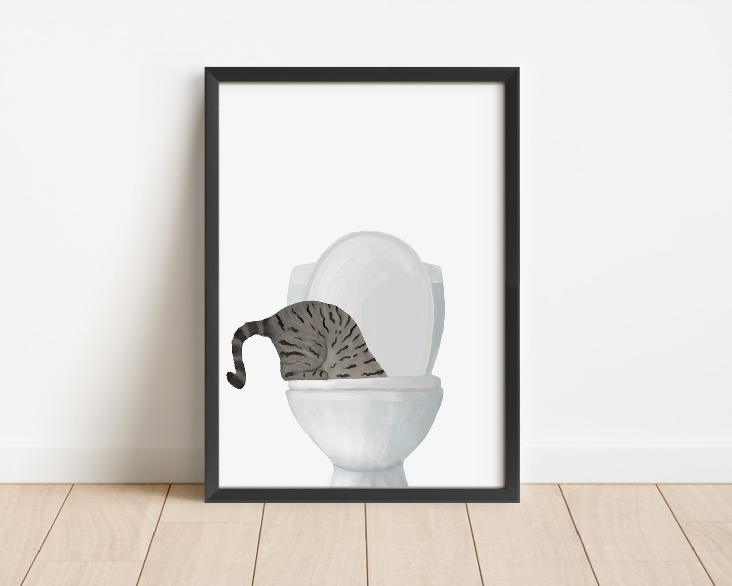 Gray Tabby Cat Drinking from Toilet Art Print - MerikaArt