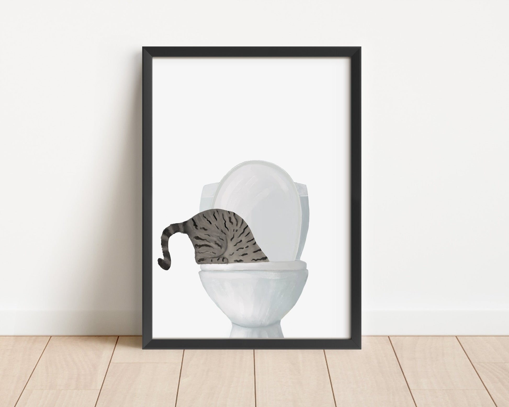 Gray Tabby Cat Drinking from Toilet Art Print - MerikaArt