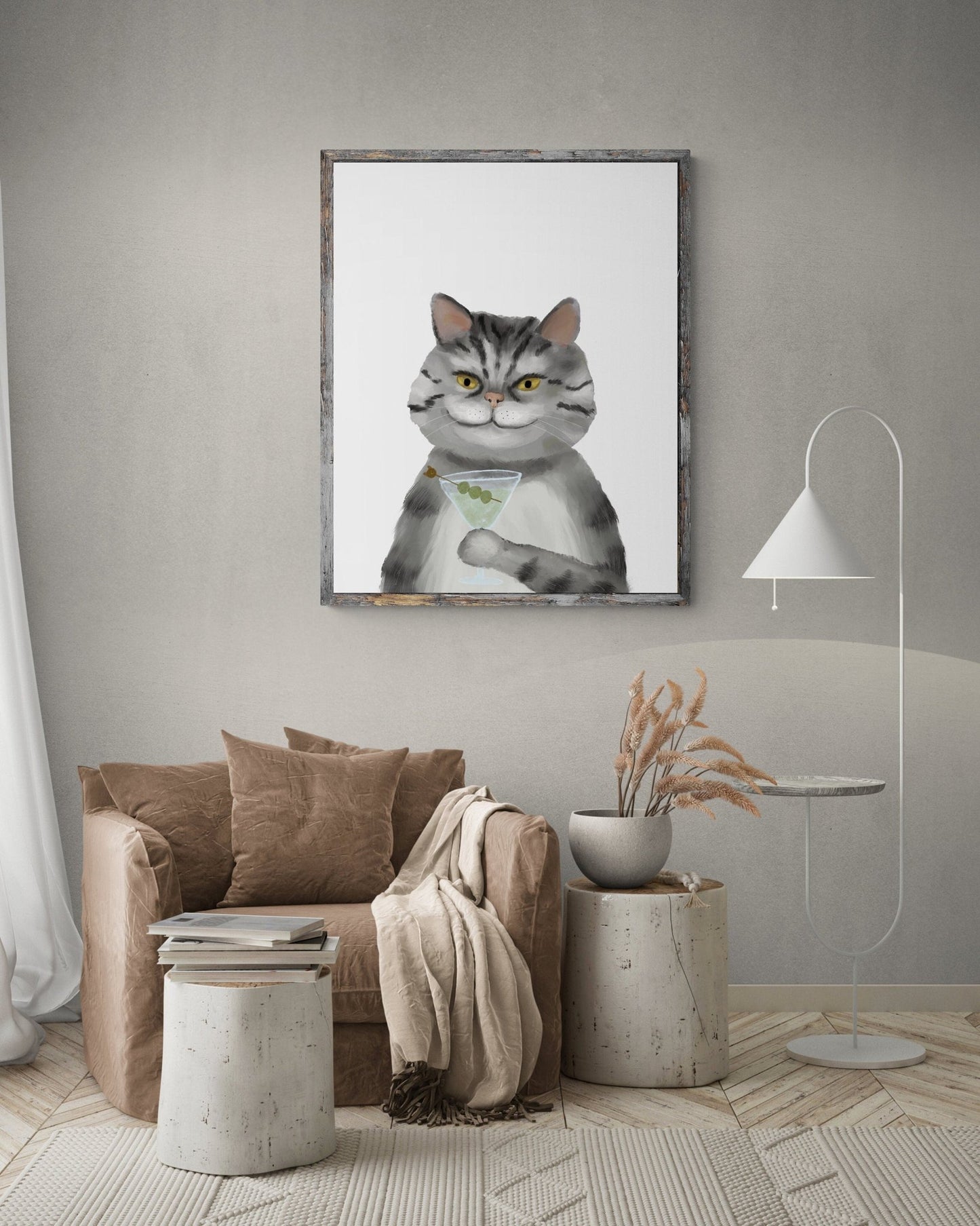 Gray Tabby Cat Drinking Martini Print - MerikaArt