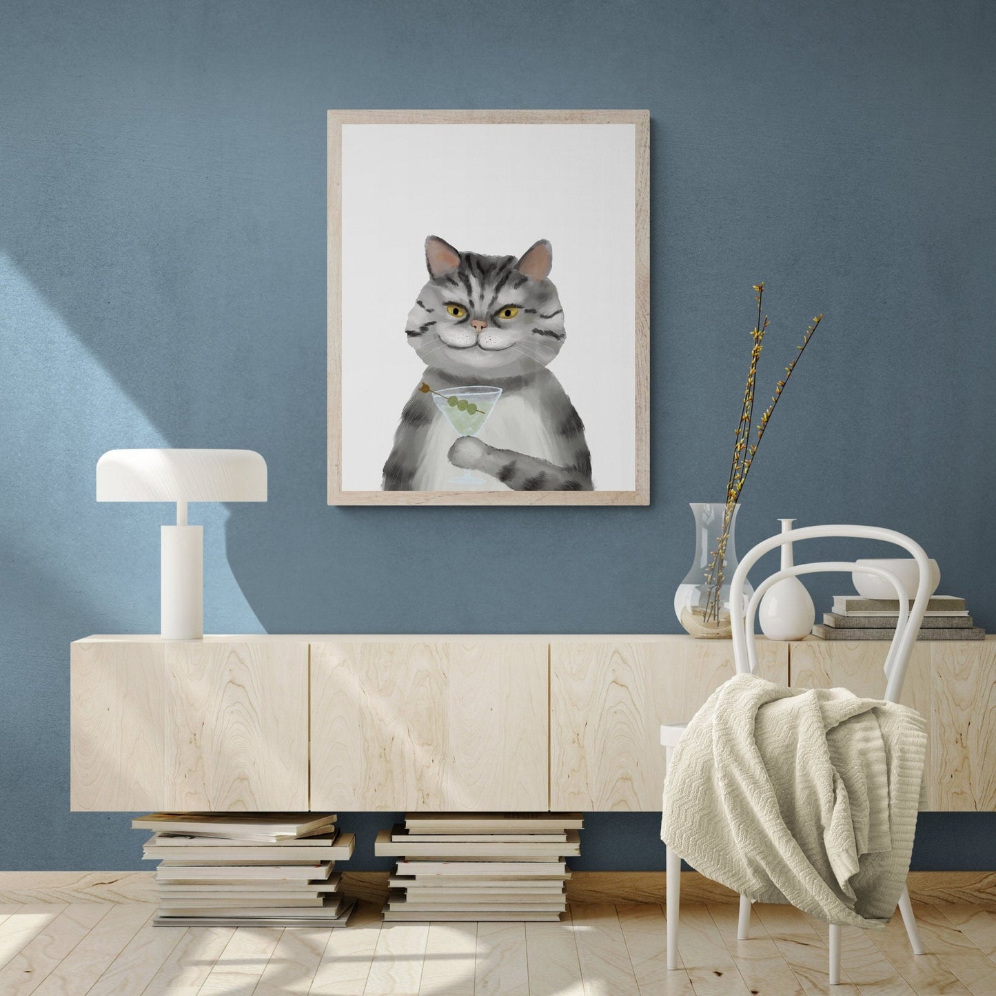 Gray Tabby Cat Drinking Martini Print - MerikaArt