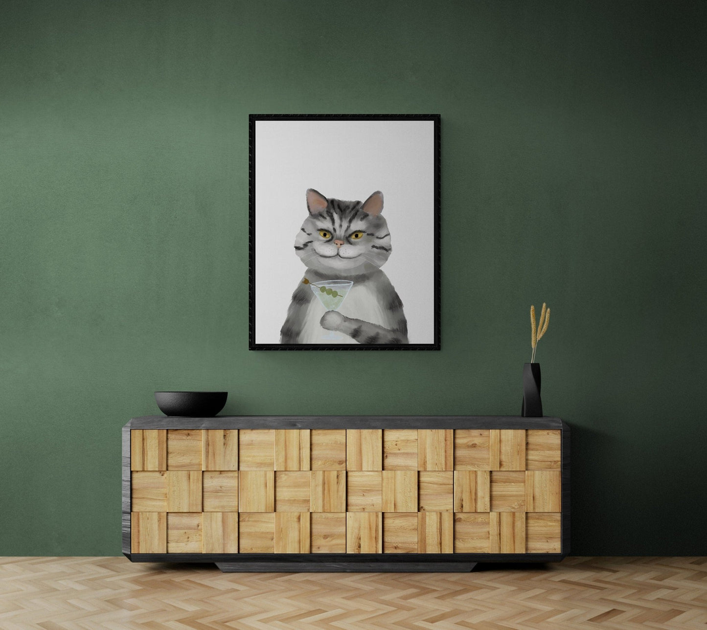 Gray Tabby Cat Drinking Martini Print - MerikaArt