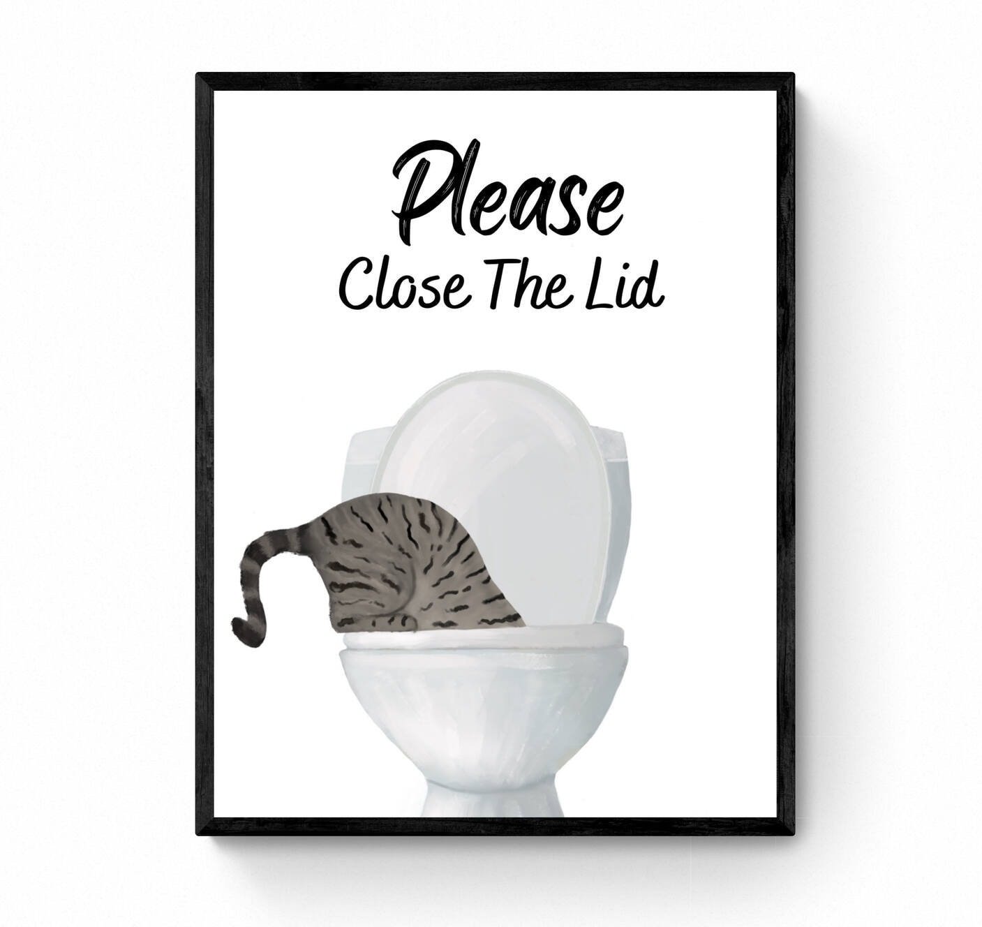 Gray Tabby Cat Drinking Water From Toilet Art, Fat Tabby Cat Print, Bathroom Decor, Cat Painting, Kitty Licking Water From Toilet Art - MerikaArt