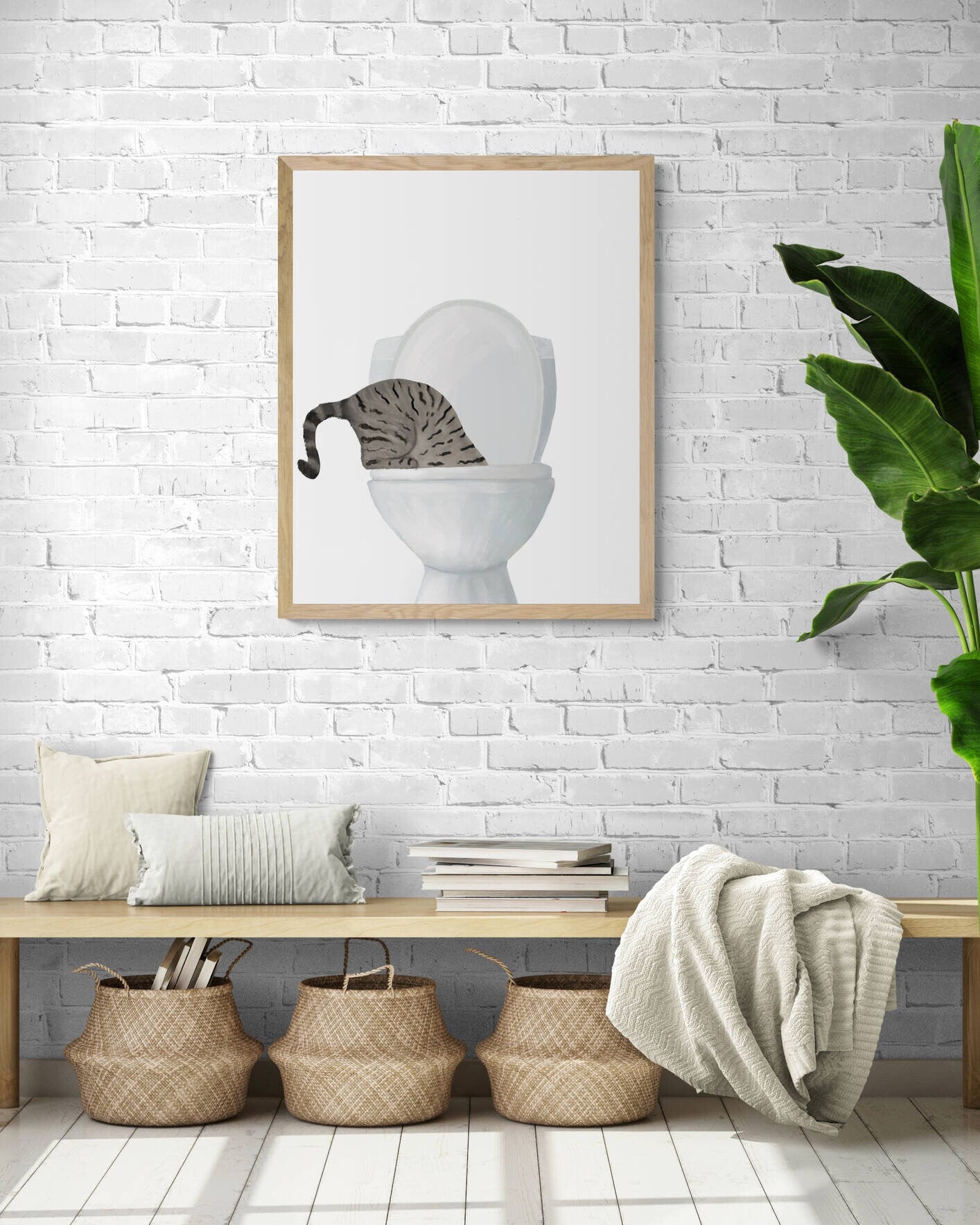 Gray Tabby Cat Drinking Water From Toilet Art, Fat Tabby Cat Print, Bathroom Decor, Cat Painting, Kitty Licking Water From Toilet Art - MerikaArt
