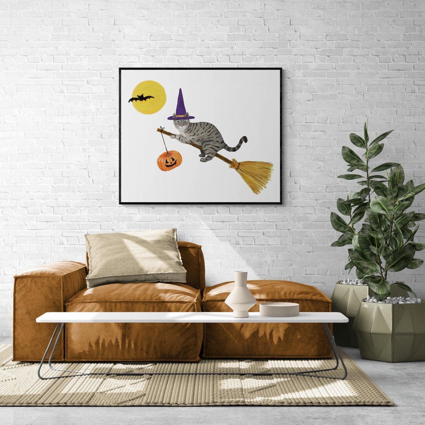 Gray Tabby Cat Flying with a Broom Print, Halloween Cat Painting, Orange Tabby Cat Portrait, Holiday Wall Art, Gray Cat Flying with Bats - MerikaArt