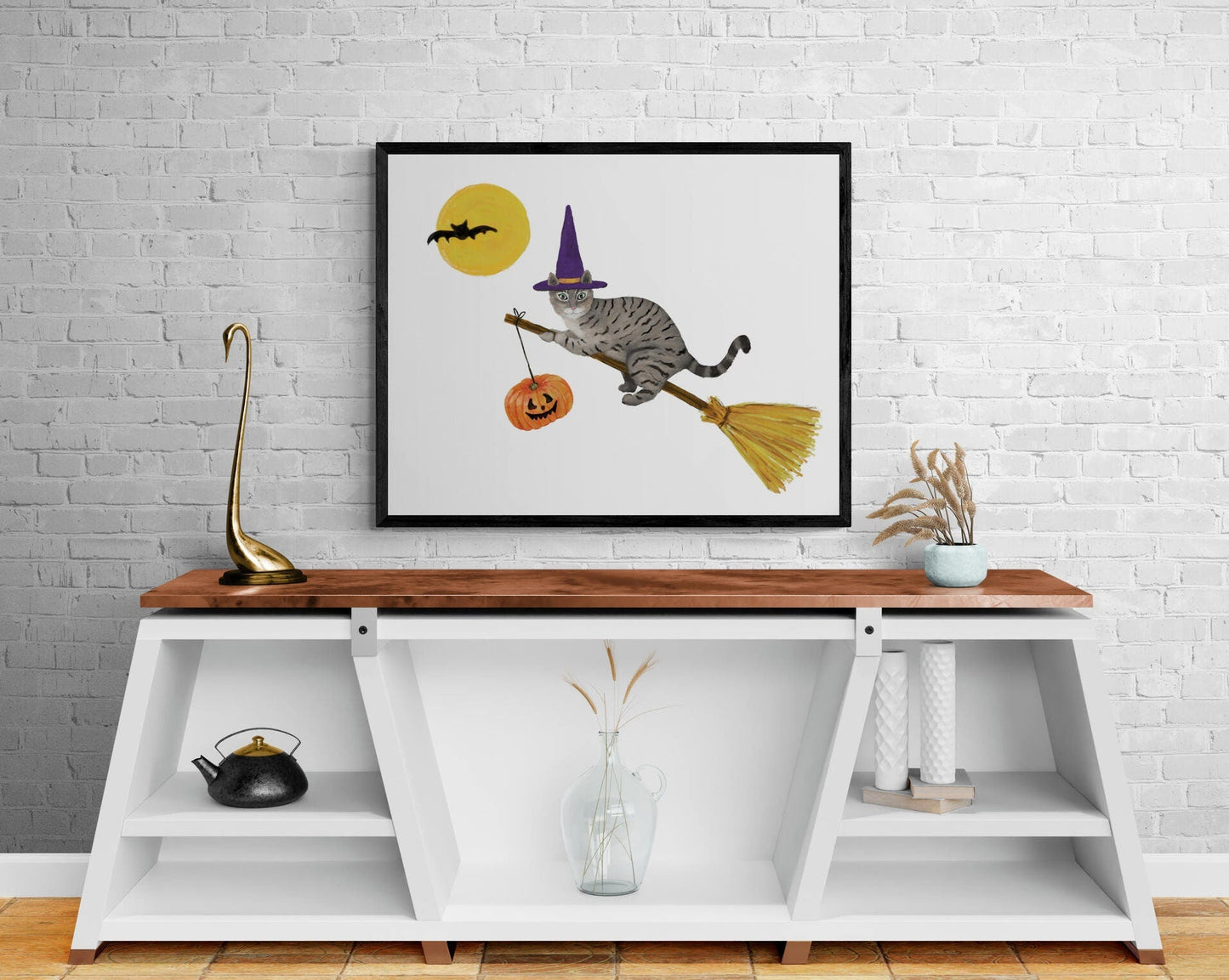 Gray Tabby Cat Flying with a Broom Print, Halloween Cat Painting, Orange Tabby Cat Portrait, Holiday Wall Art, Gray Cat Flying with Bats - MerikaArt