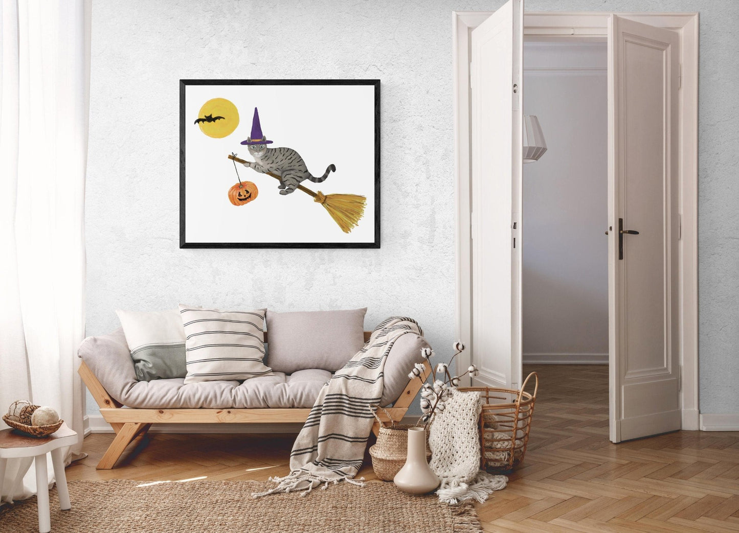 Gray Tabby Cat Flying with a Broom Print, Halloween Cat Painting, Orange Tabby Cat Portrait, Holiday Wall Art, Gray Cat Flying with Bats - MerikaArt