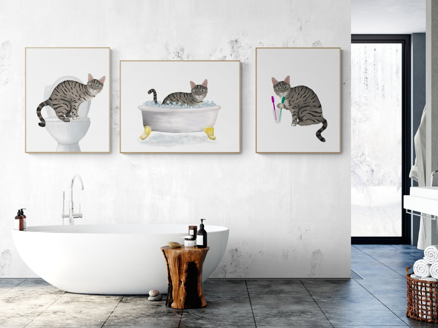 Gray Tabby Cat In Bath Set of 3 Print - MerikaArt