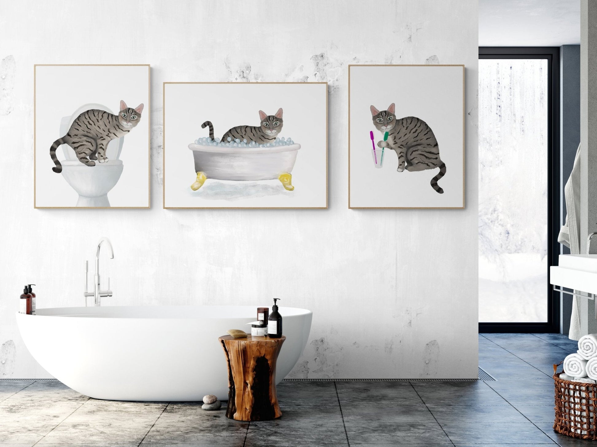 Gray Tabby Cat In Bath Set of 3 Print - MerikaArt