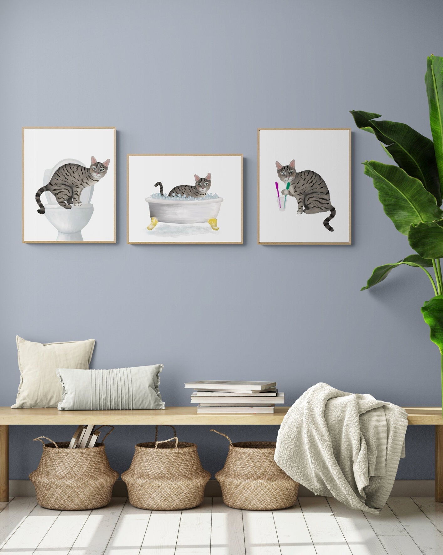 Gray Tabby Cat In Bath Set of 3 Print - MerikaArt