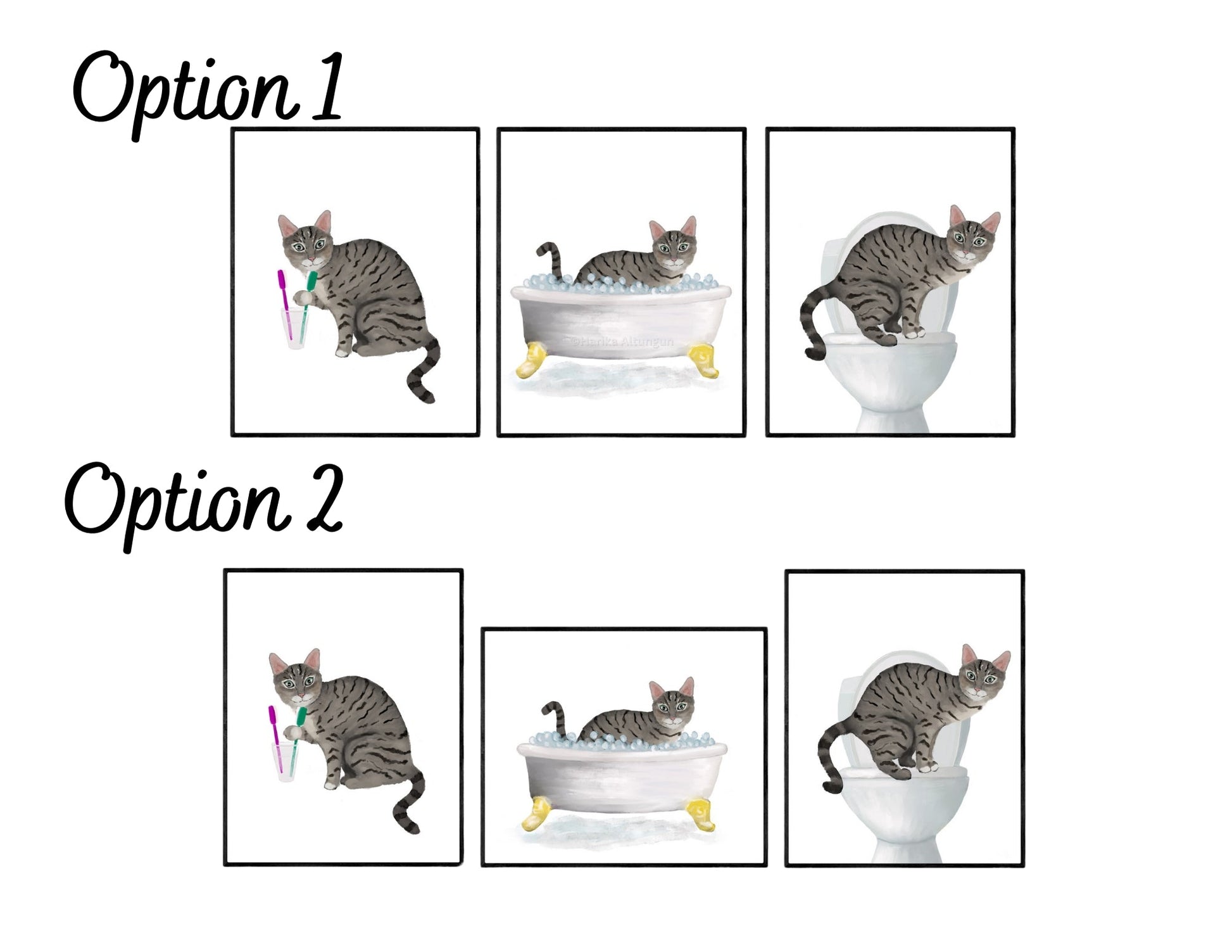 Gray Tabby Cat In Bathroom Art Print - Set of 3 - MerikaArt