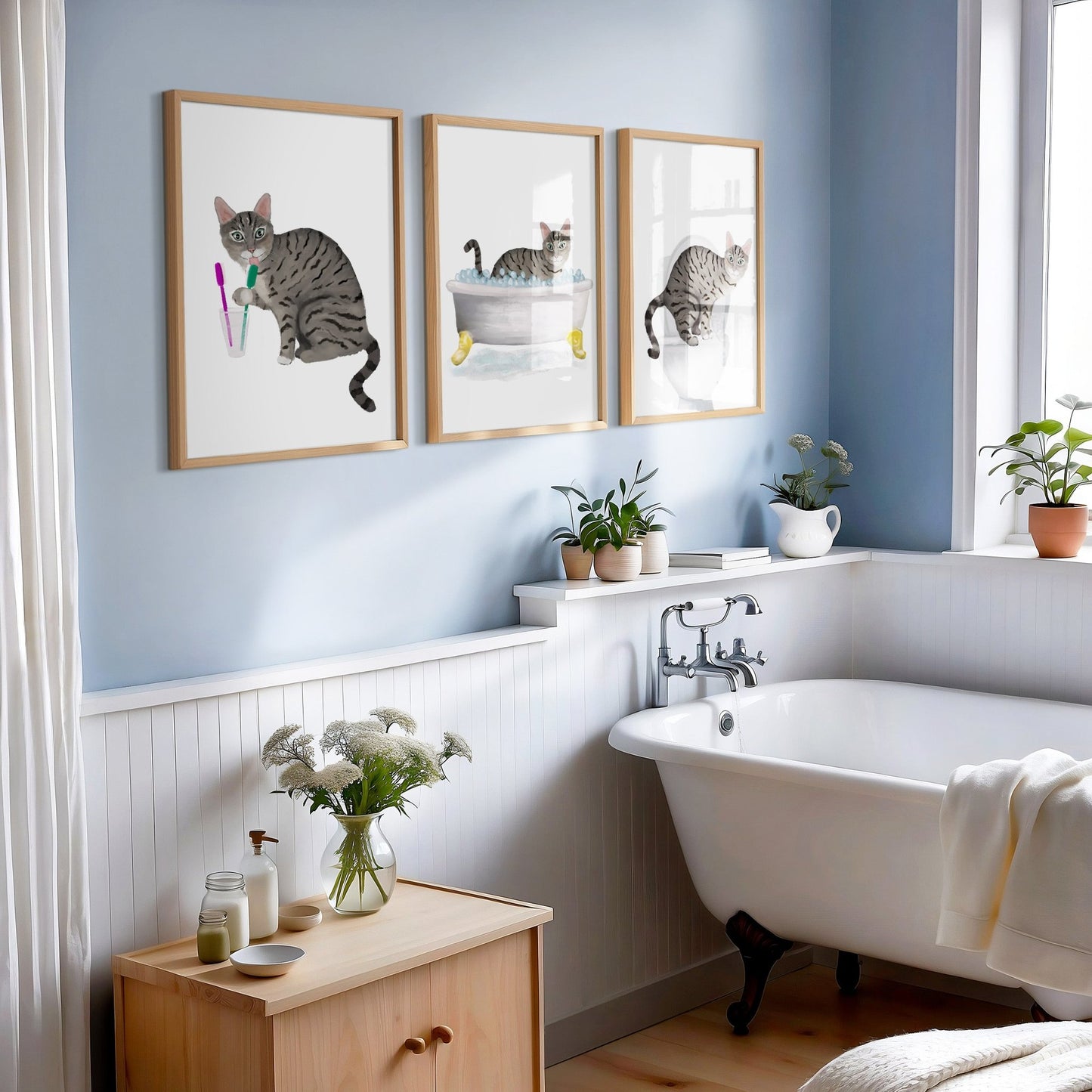 Gray Tabby Cat In Bathroom Art Print - Set of 3 - MerikaArt