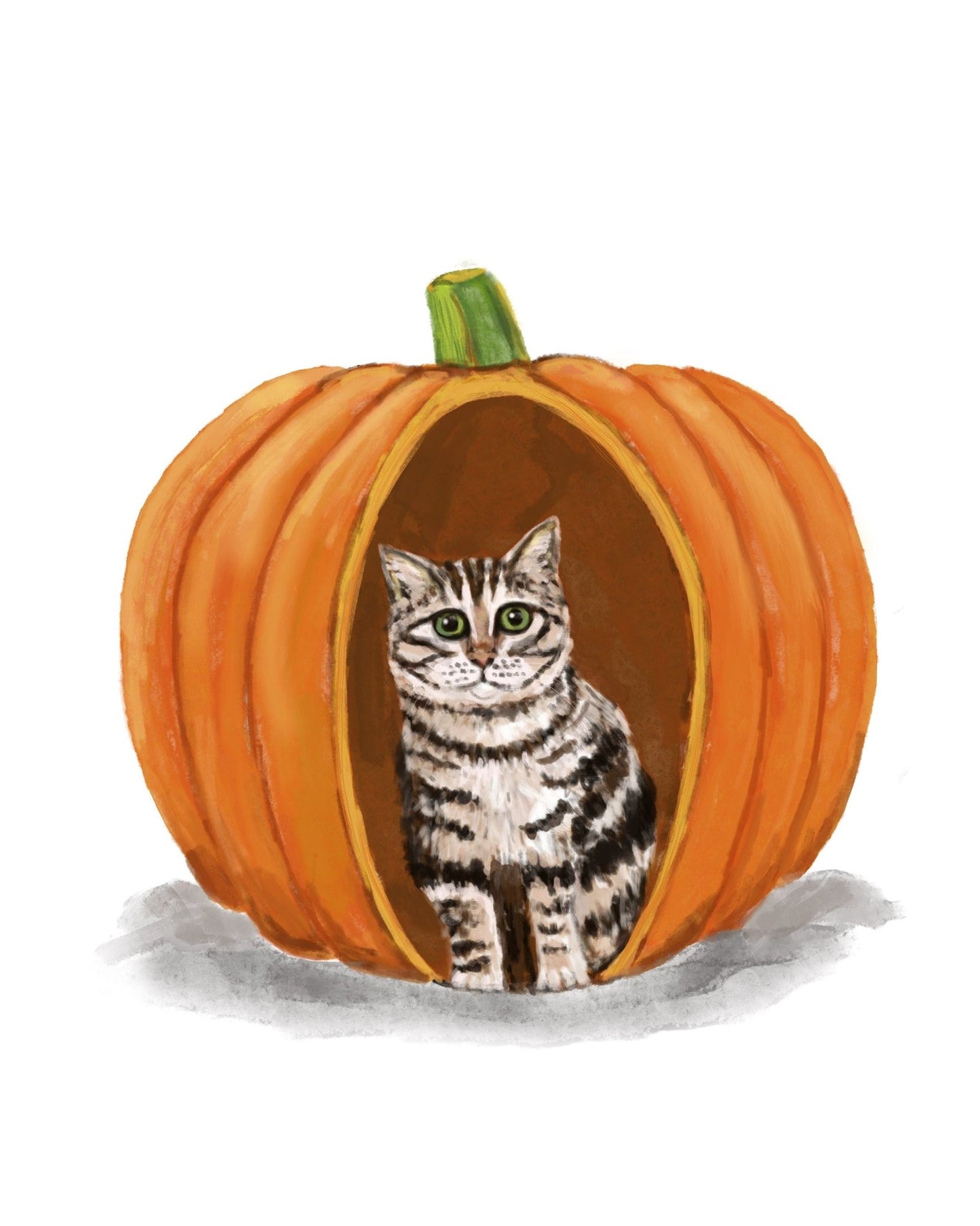 Gray Tabby Cat in Pumpkin Print, Halloween Cat Painting, Gray Cat Hiding in Pumpkin Portrait, Holiday Wall Art, Tabby Cat With Big Eyes - MerikaArt