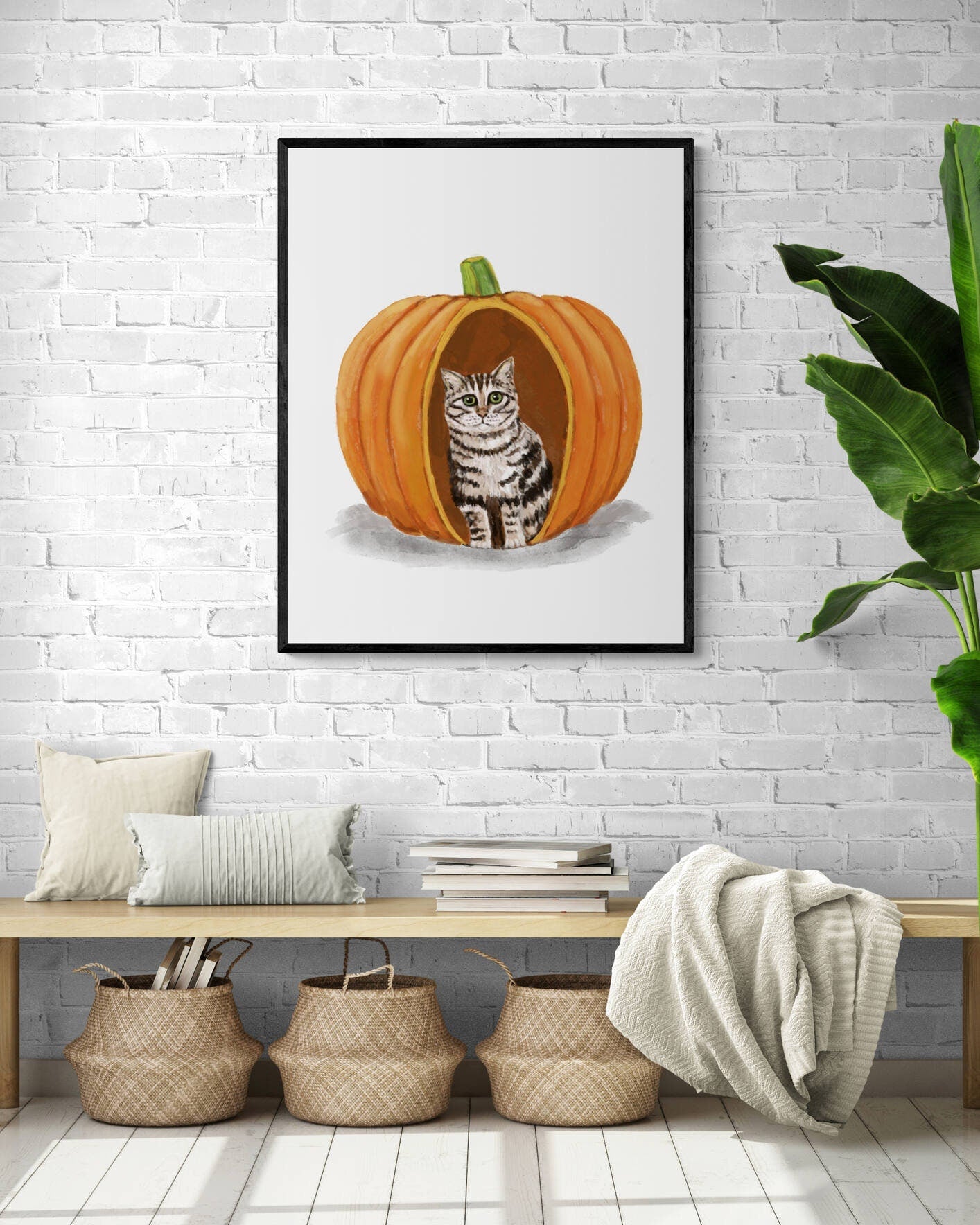 Gray Tabby Cat in Pumpkin Print, Halloween Cat Painting, Gray Cat Hiding in Pumpkin Portrait, Holiday Wall Art, Tabby Cat With Big Eyes - MerikaArt