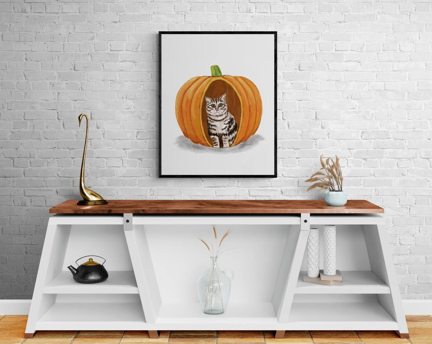 Gray Tabby Cat in Pumpkin Print, Halloween Cat Painting, Gray Cat Hiding in Pumpkin Portrait, Holiday Wall Art, Tabby Cat With Big Eyes - MerikaArt