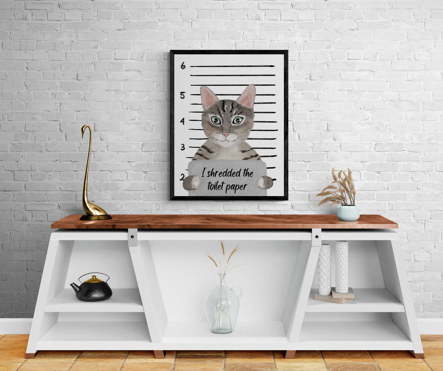 Gray Tabby Cat Mug Shot Print, Tabby Cat in Prison Artwork, Bathroom Painting, Cat With Toilet Paper Print, Cat Lover Gift, Funny Cat Gift - MerikaArt
