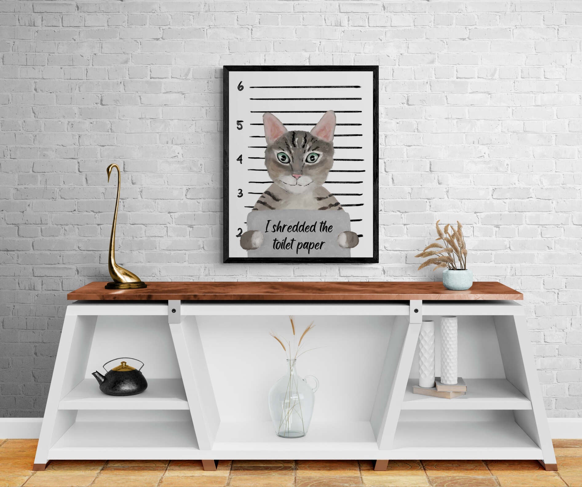 Gray Tabby Cat Mug Shot Print, Tabby Cat in Prison Artwork, Bathroom Painting, Cat With Toilet Paper Print, Cat Lover Gift, Funny Cat Gift - MerikaArt