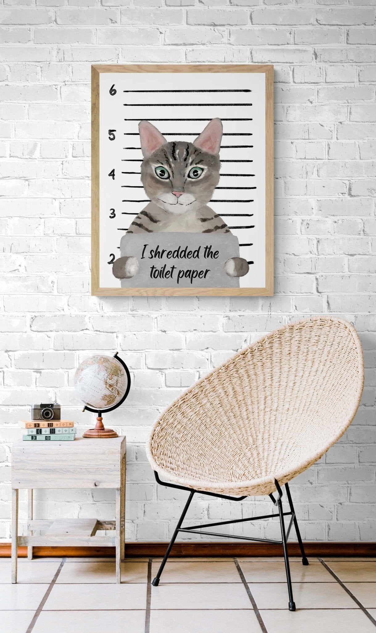 Gray Tabby Cat Mug Shot Print, Tabby Cat in Prison Artwork, Bathroom Painting, Cat With Toilet Paper Print, Cat Lover Gift, Funny Cat Gift - MerikaArt