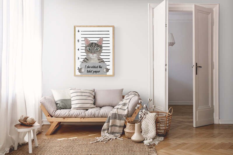 Gray Tabby Cat Mug Shot Print, Tabby Cat in Prison Artwork, Bathroom Painting, Cat With Toilet Paper Print, Cat Lover Gift, Funny Cat Gift - MerikaArt