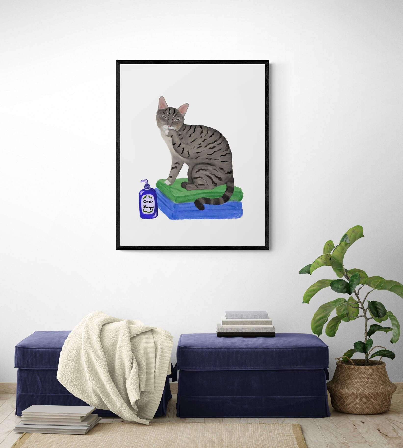 Gray Tabby Cat on Laundry Print, Gray Tabby Cat Sitting on Folded Linens, Laundry Wall Art, Cat Illustration, Home Decor, Cat Memorial - MerikaArt