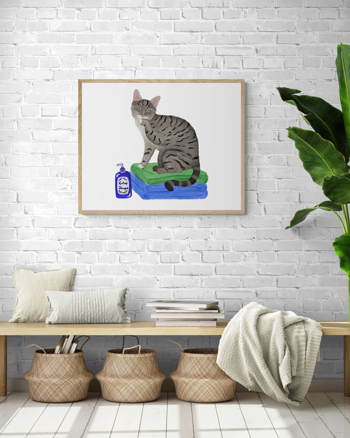 Gray Tabby Cat on Laundry Print, Gray Tabby Cat Sitting on Folded Linens, Laundry Wall Art, Cat Illustration, Home Decor, Cat Memorial - MerikaArt
