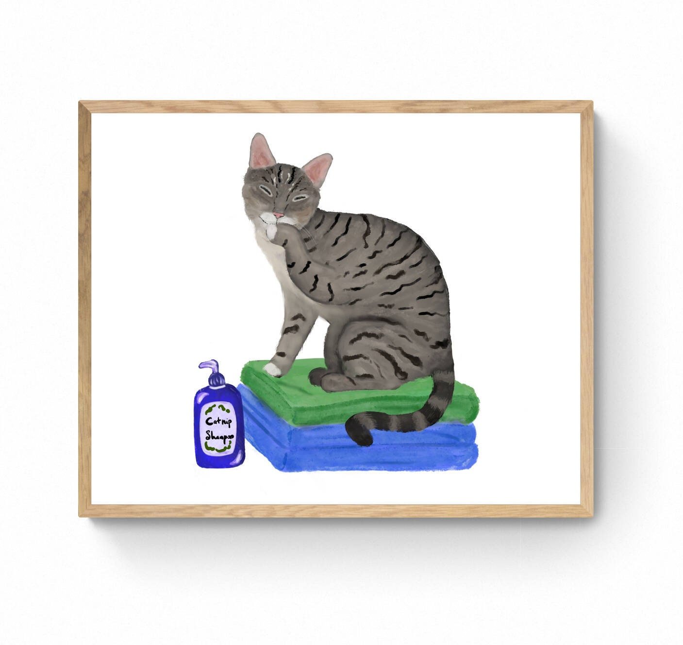 Gray Tabby Cat on Laundry Print, Gray Tabby Cat Sitting on Folded Linens, Laundry Wall Art, Cat Illustration, Home Decor, Cat Memorial - MerikaArt
