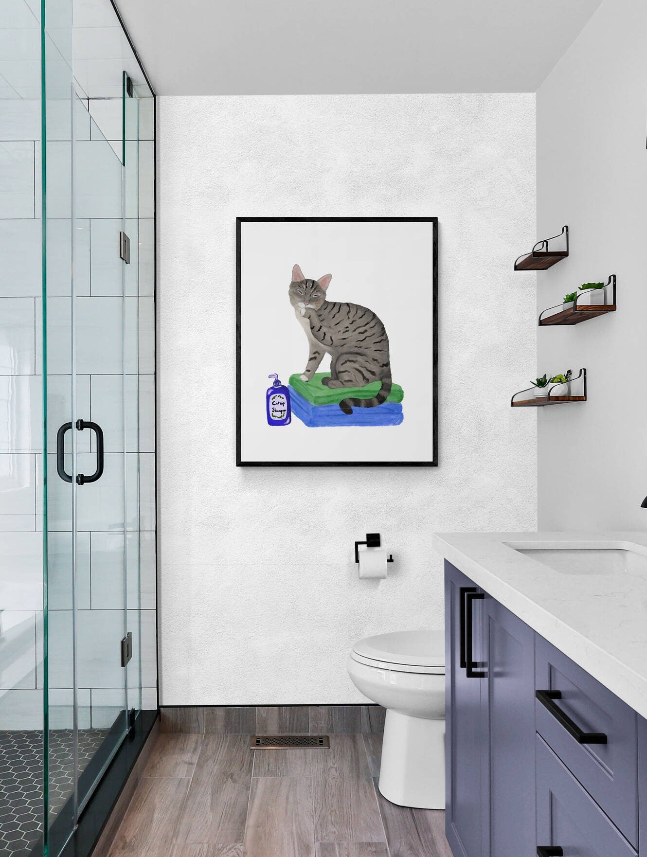 Gray Tabby Cat on Laundry Print, Gray Tabby Cat Sitting on Folded Linens, Laundry Wall Art, Cat Illustration, Home Decor, Cat Memorial - MerikaArt