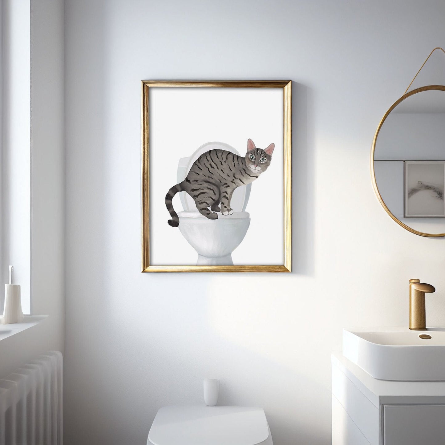 Gray Tabby Cat on Toilet Art Print – Whimsical Bathroom Decor - MerikaArt