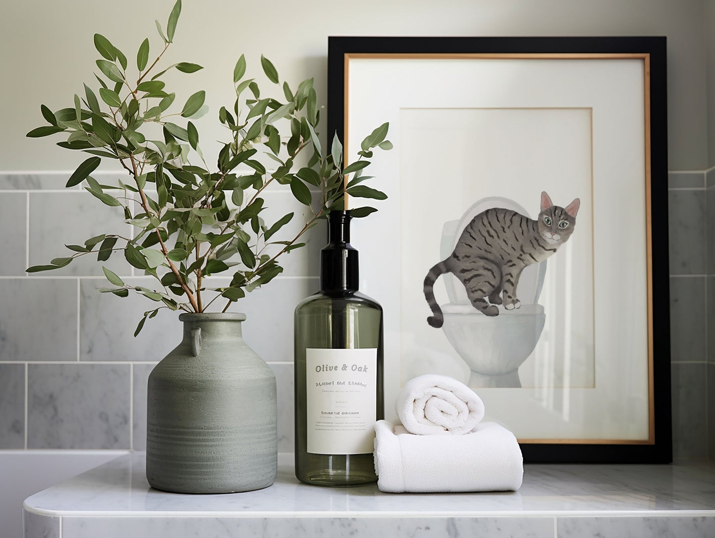 Gray Tabby Cat on Toilet Art Print – Whimsical Bathroom Decor - MerikaArt