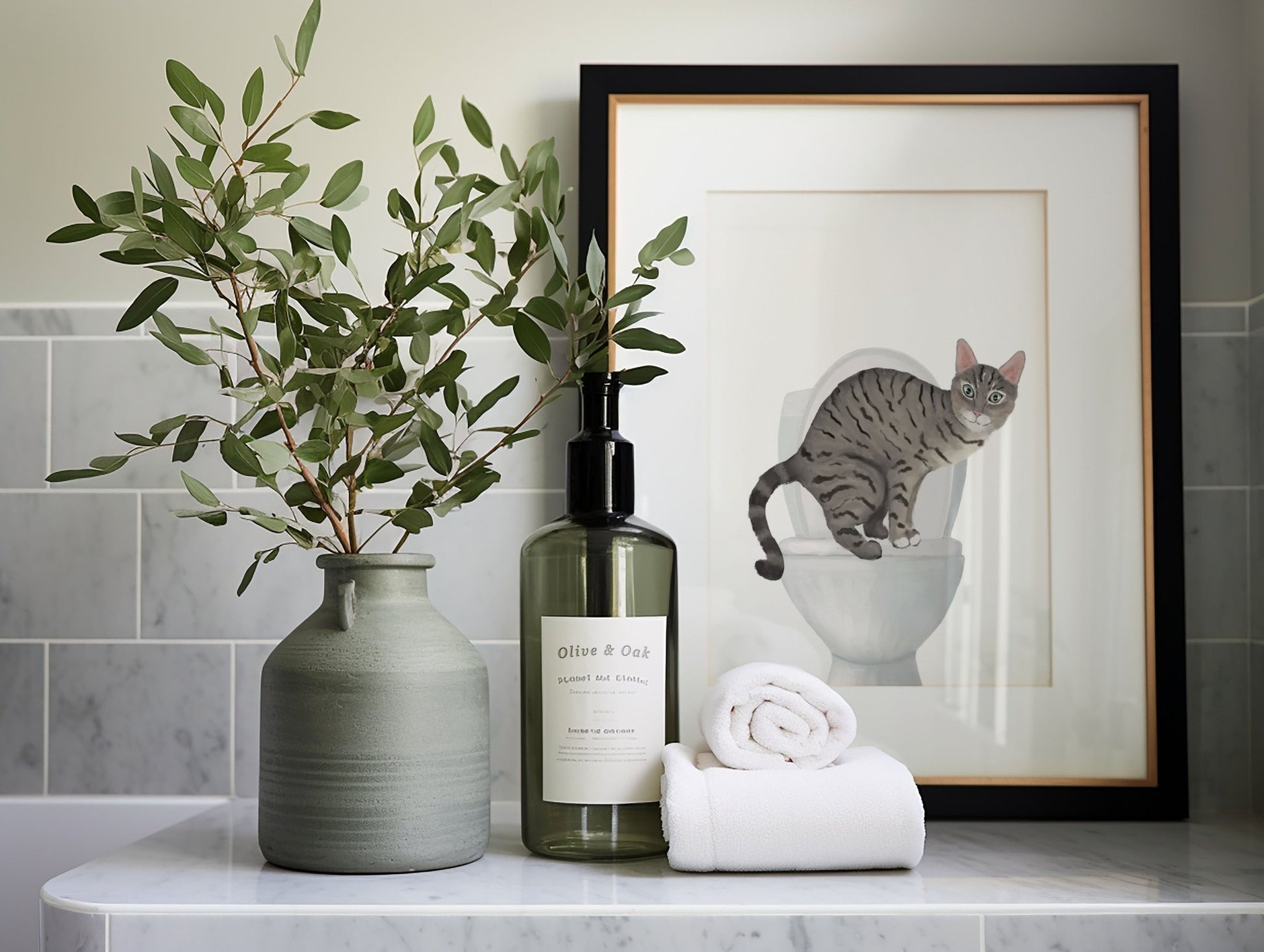 Gray Tabby Cat on Toilet Art Print – Whimsical Bathroom Decor - MerikaArt