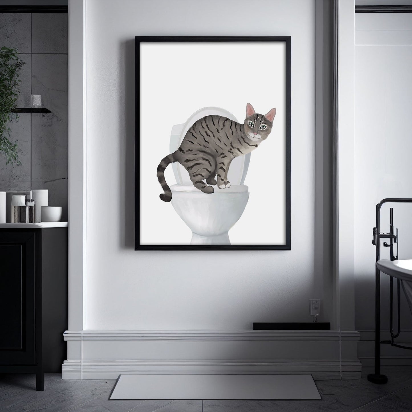 Gray Tabby Cat on Toilet Art Print – Whimsical Bathroom Decor - MerikaArt