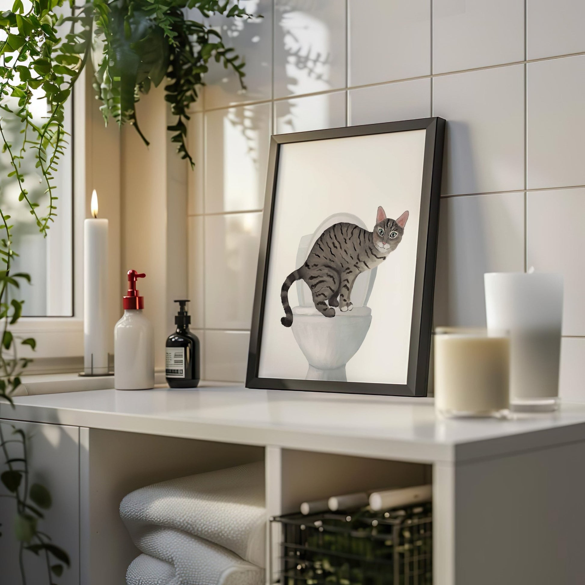 Gray Tabby Cat on Toilet Art Print – Whimsical Bathroom Decor - MerikaArt