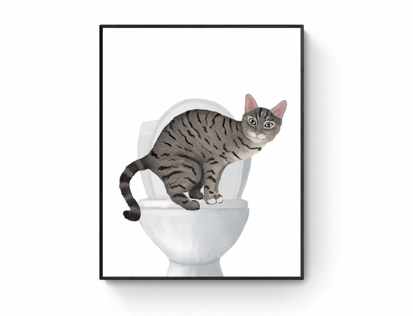 Gray Tabby Cat on Toilet Art Print – Whimsical Bathroom Decor - MerikaArt