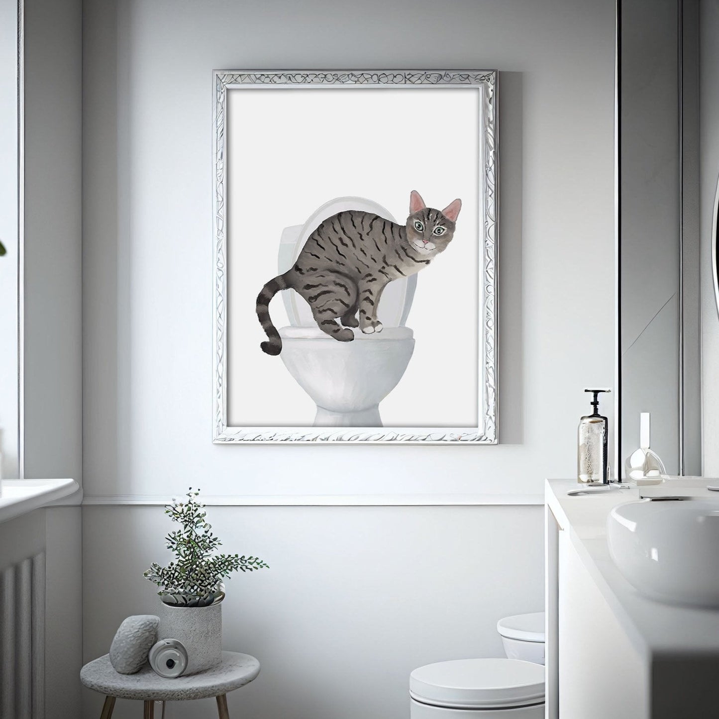 Gray Tabby Cat on Toilet Art Print – Whimsical Bathroom Decor - MerikaArt