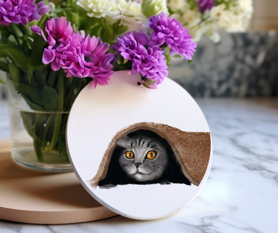 Gray Tabby Cat Under Blanket Ceramic Coaster - MerikaArt