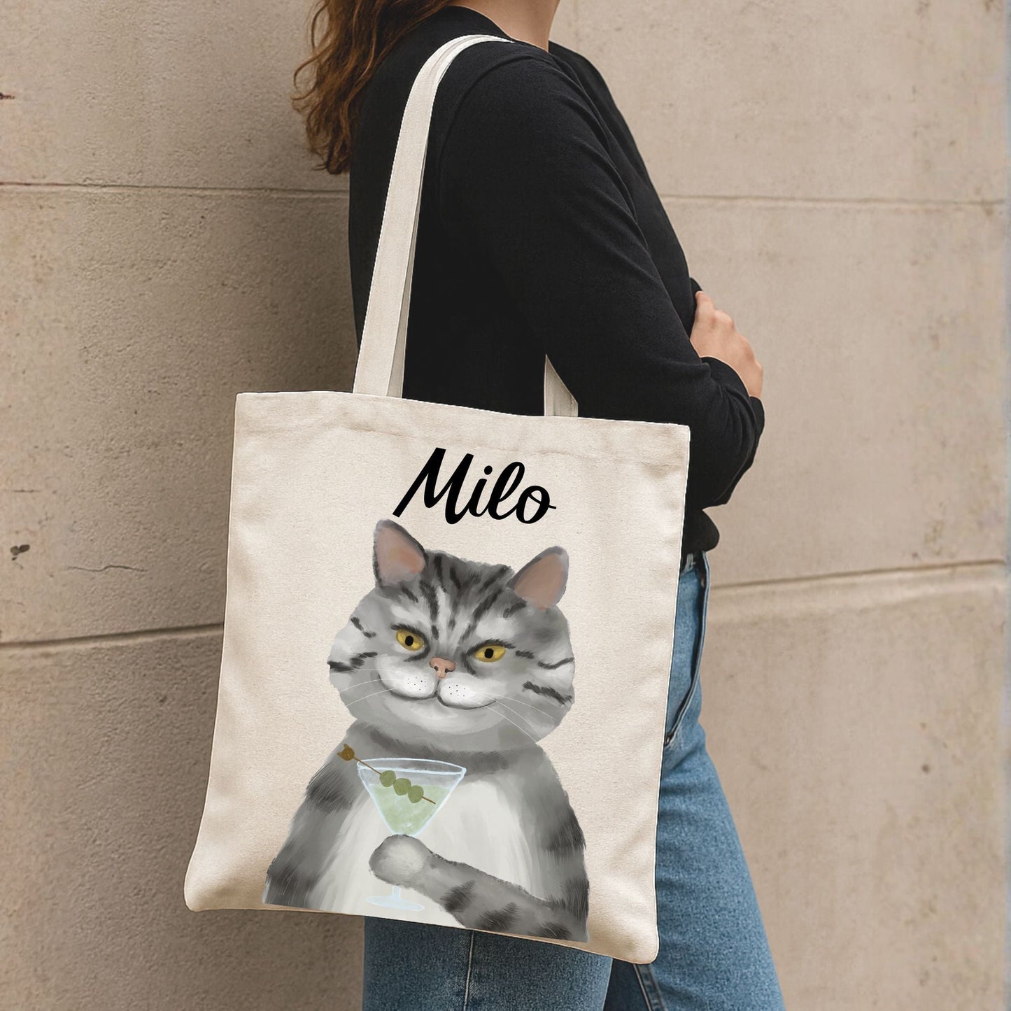 Gray Tabby Cat with Martini Canvas Tote Bag - MerikaArt
