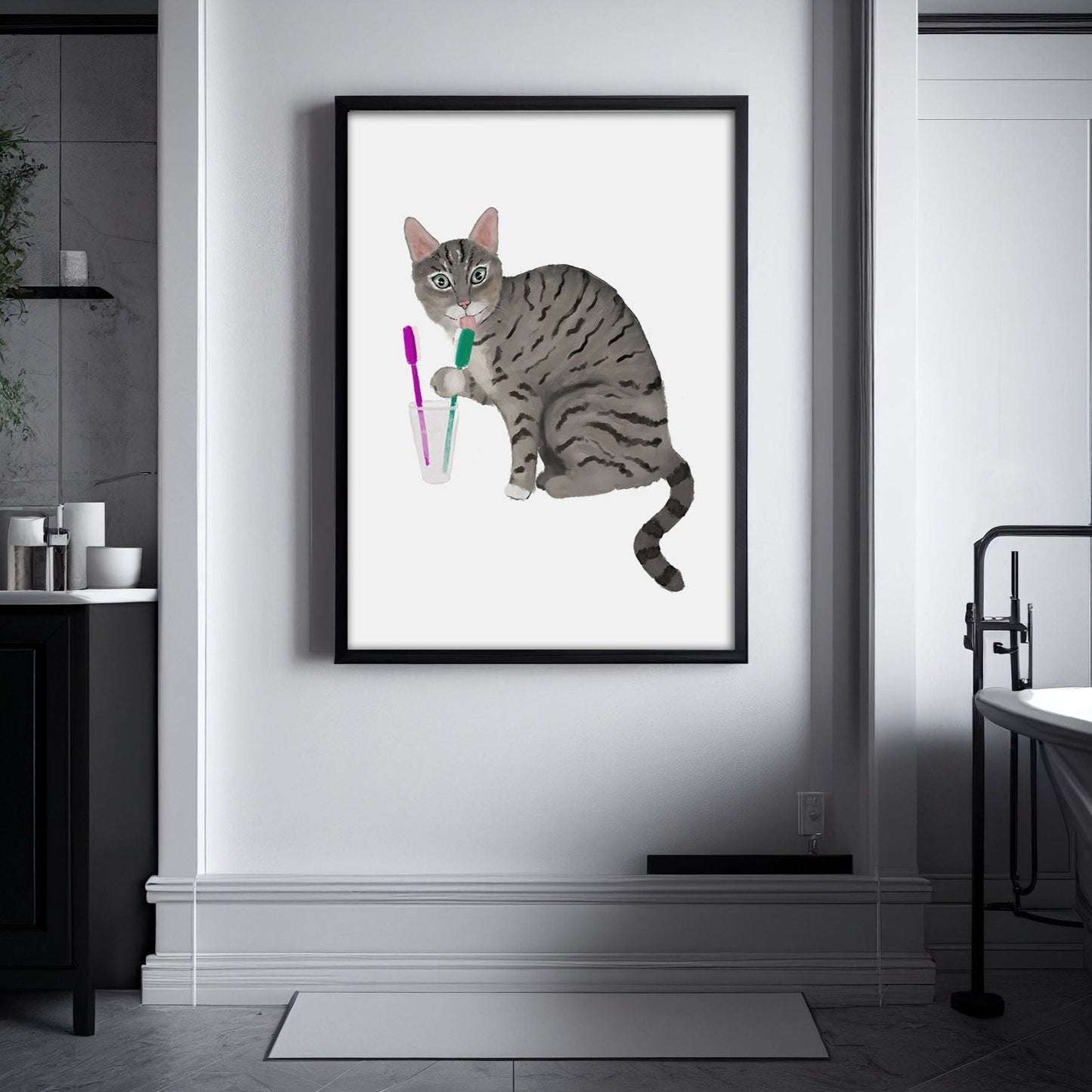 Gray Tabby Cat with Toothbrushes Art Print – Fun Bathroom Wall Decor - MerikaArt