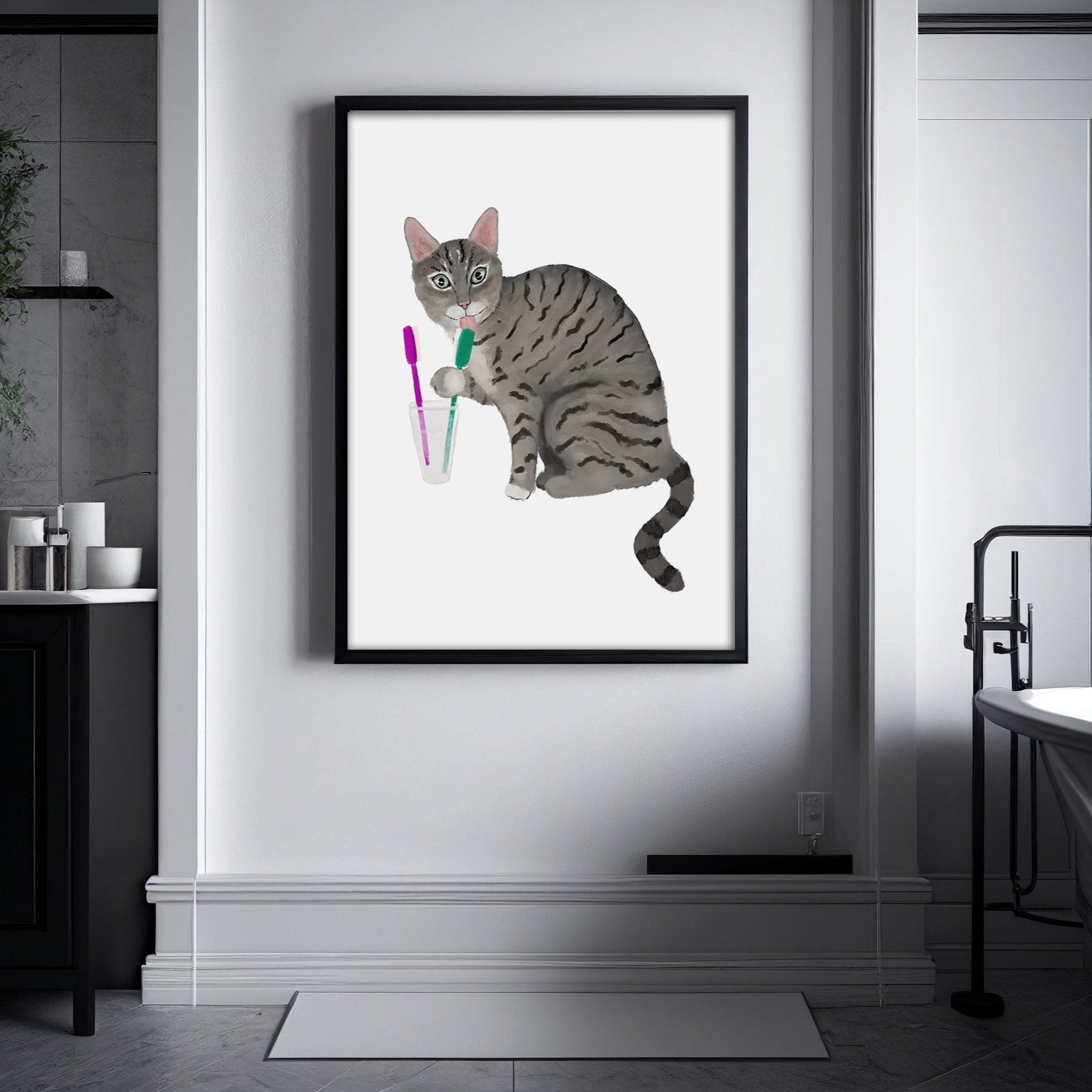 Gray Tabby Cat with Toothbrushes Art Print – Fun Bathroom Wall Decor - MerikaArt