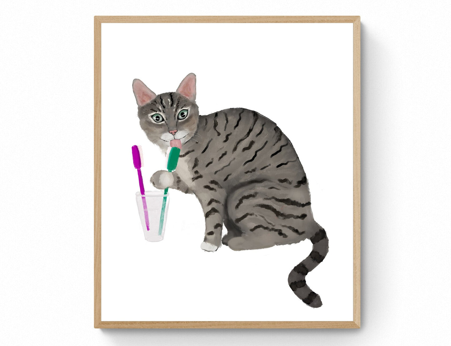 Gray Tabby Cat with Toothbrushes Art Print – Fun Bathroom Wall Decor - MerikaArt