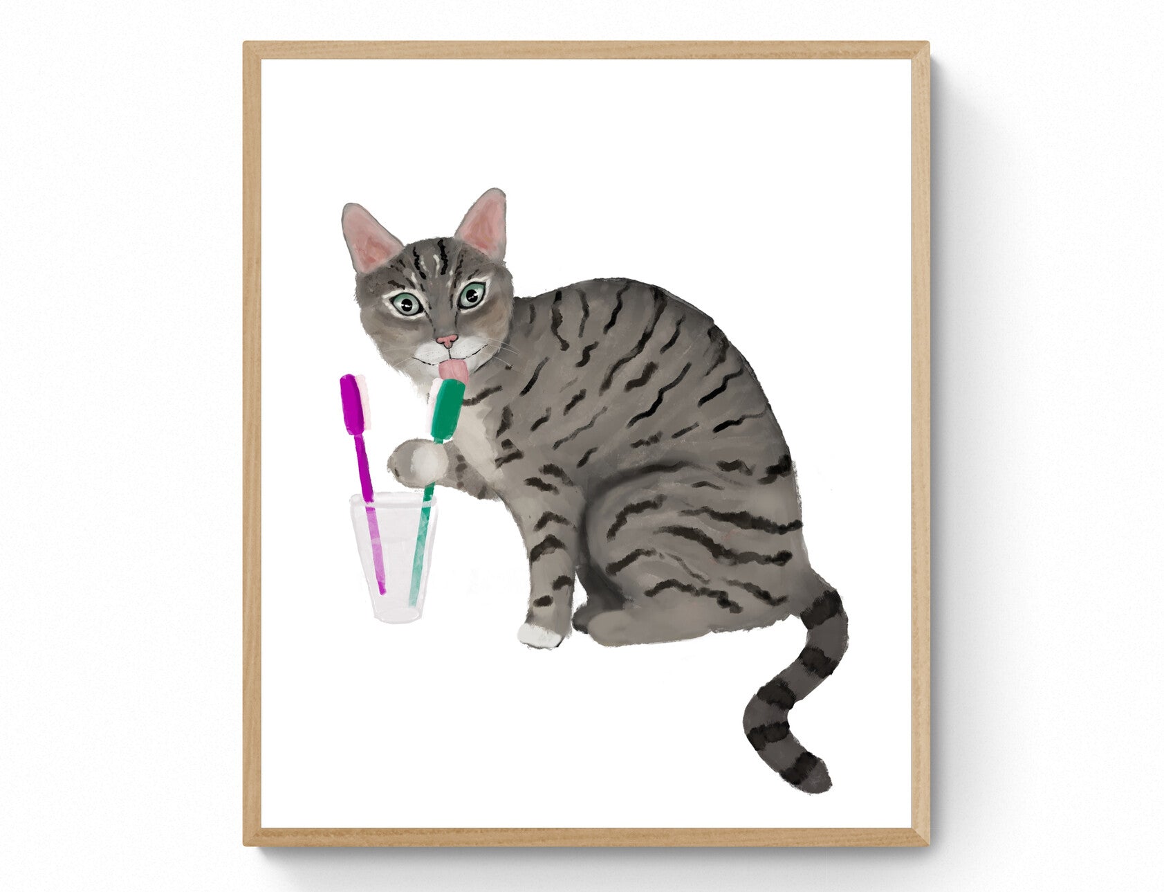 Gray Tabby Cat with Toothbrushes Art Print – Fun Bathroom Wall Decor - MerikaArt