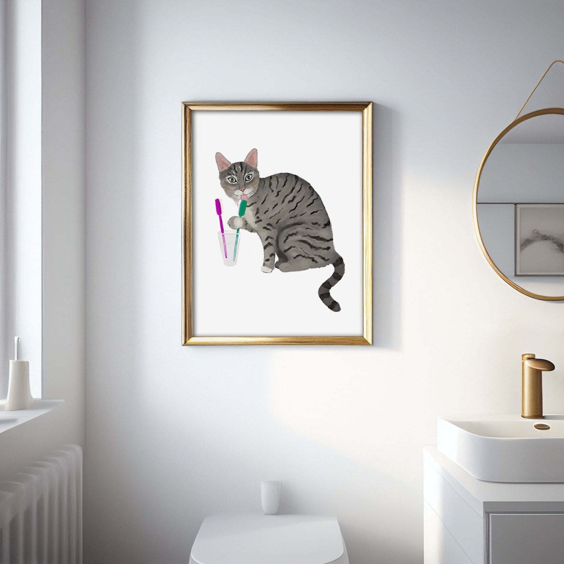 Gray Tabby Cat with Toothbrushes Art Print – Fun Bathroom Wall Decor - MerikaArt