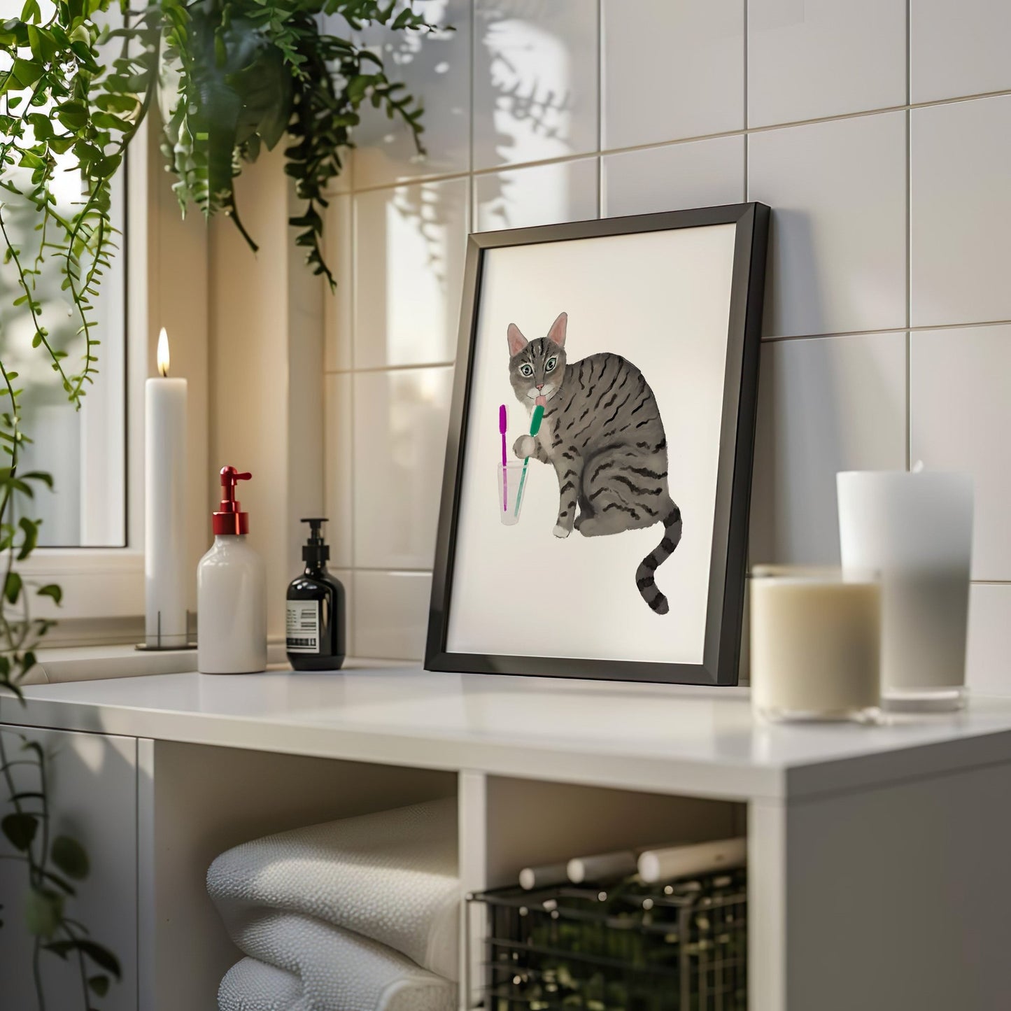 Gray Tabby Cat with Toothbrushes Art Print – Fun Bathroom Wall Decor - MerikaArt