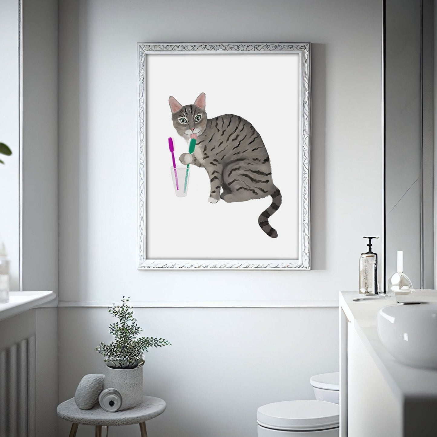 Gray Tabby Cat with Toothbrushes Art Print – Fun Bathroom Wall Decor - MerikaArt