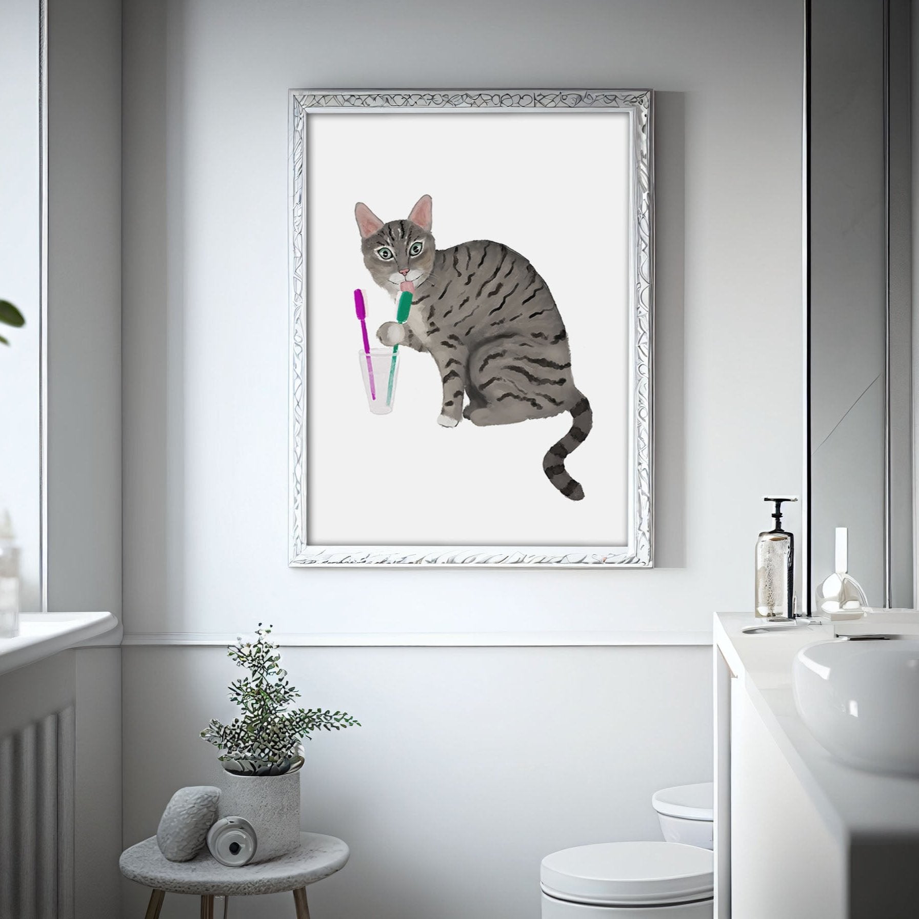 Gray Tabby Cat with Toothbrushes Art Print – Fun Bathroom Wall Decor - MerikaArt