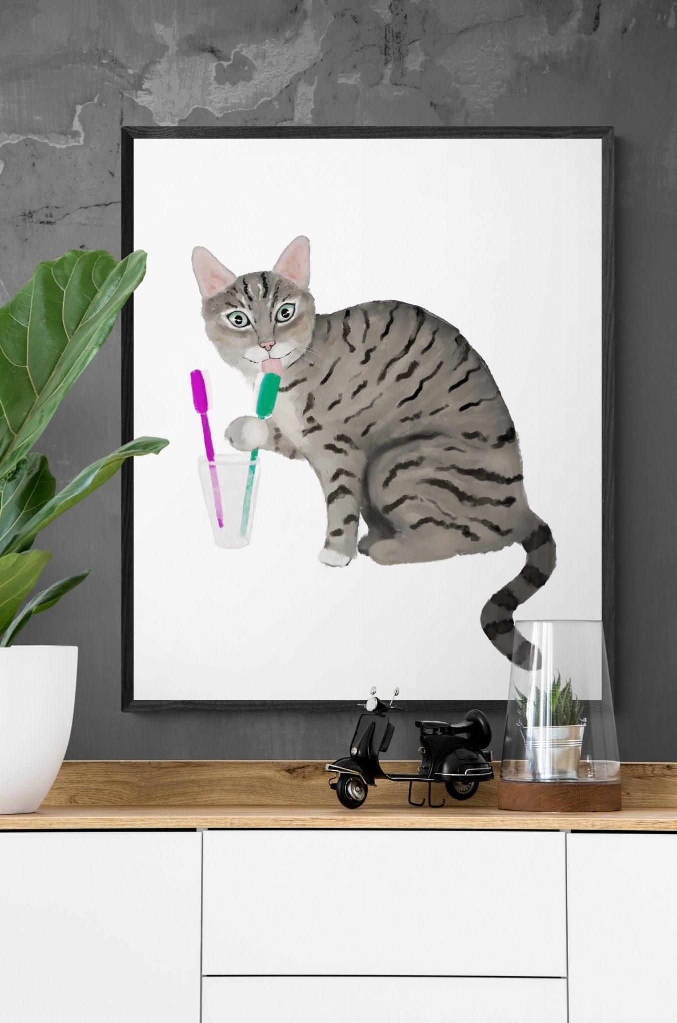 Gray Tabby Cat with Toothbrushes Art Print – Fun Bathroom Wall Decor - MerikaArt