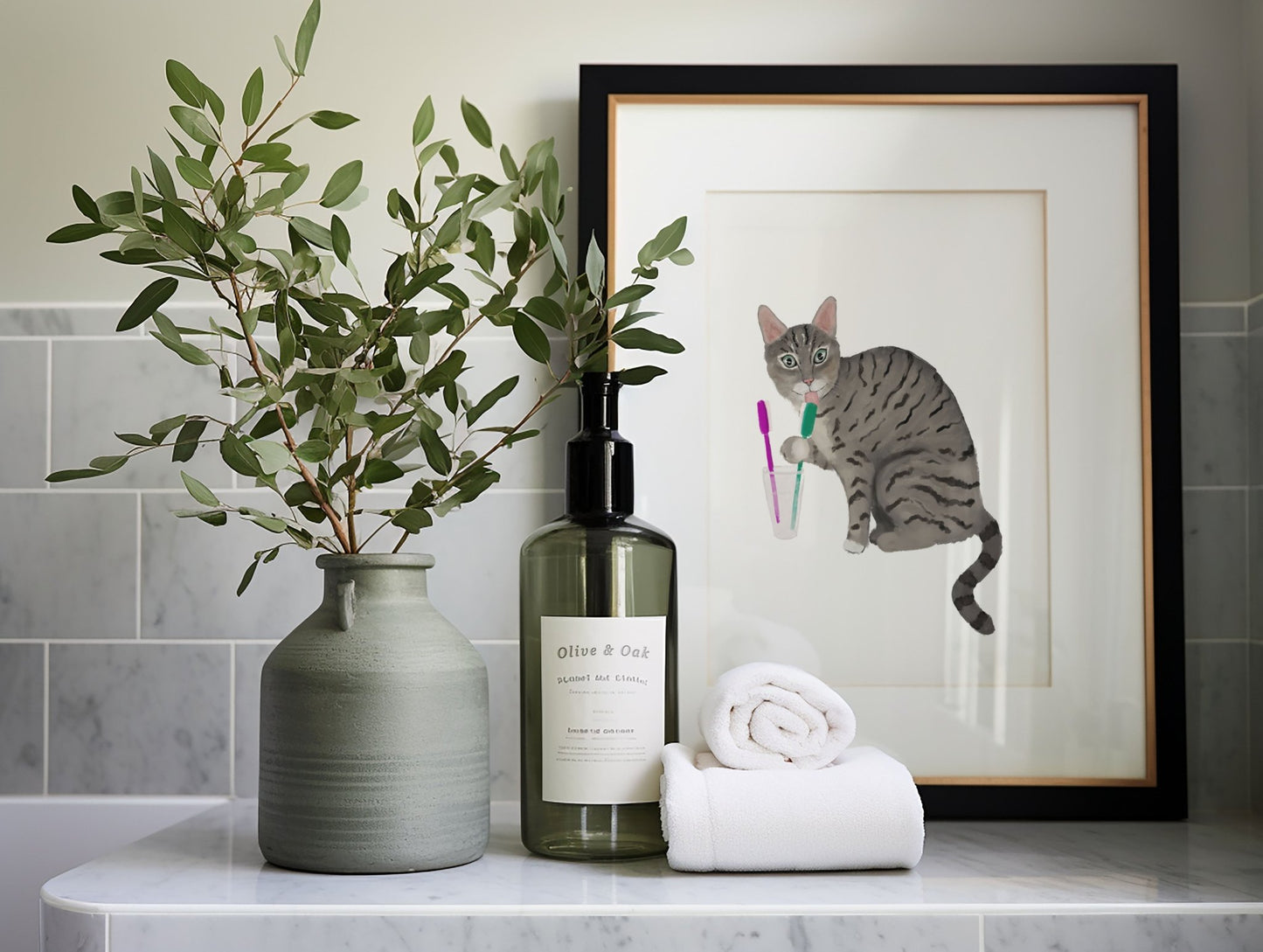 Gray Tabby Cat with Toothbrushes Art Print – Fun Bathroom Wall Decor - MerikaArt